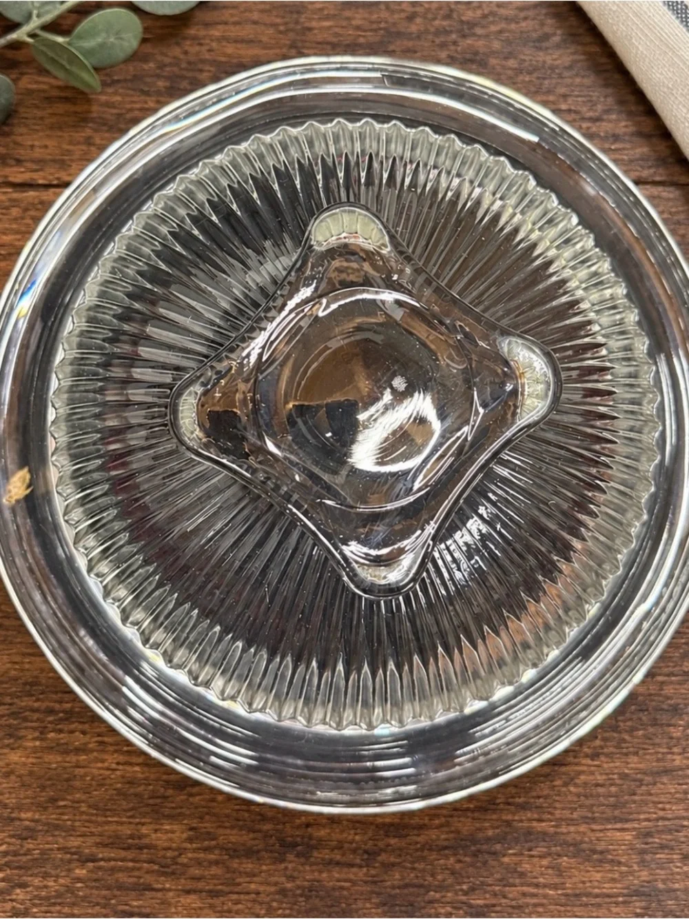 Vintage Clear Ribbed Glass Serving Bowl Flared Rim Square Foot 9.5” Centerpiece